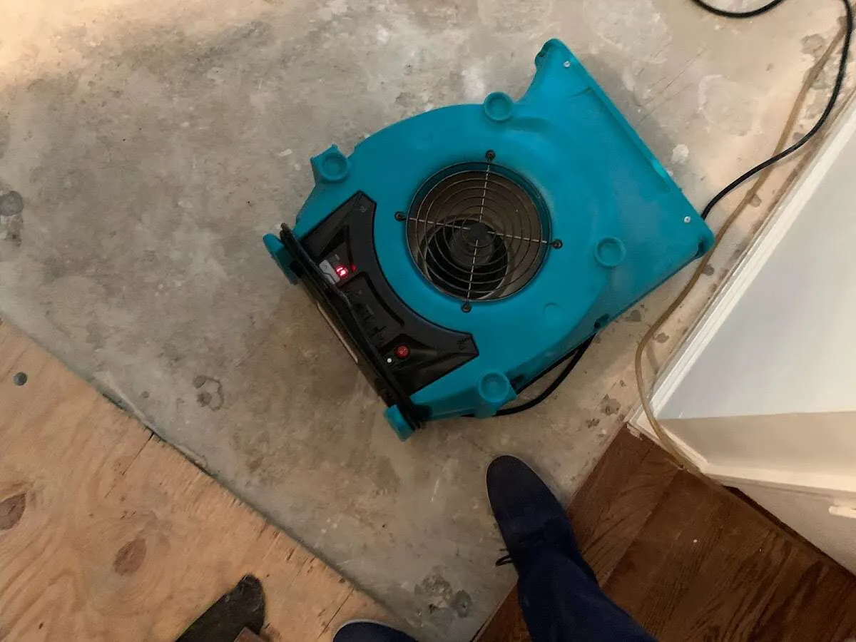 Air mover drying subfloor during Leak Detection & Repair in Highland Springs